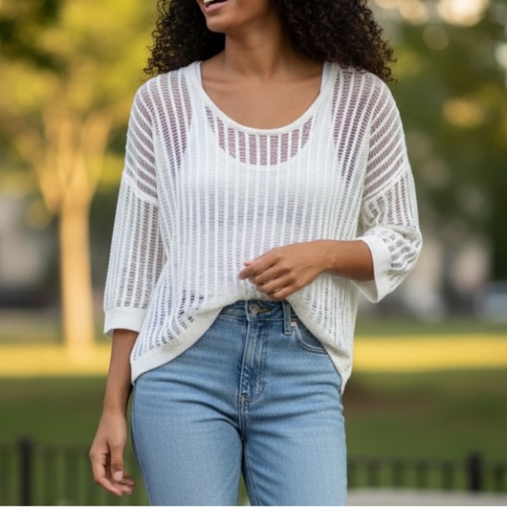 Soft Surroundings White Sheer Open-Work Scoop Neck Sweater